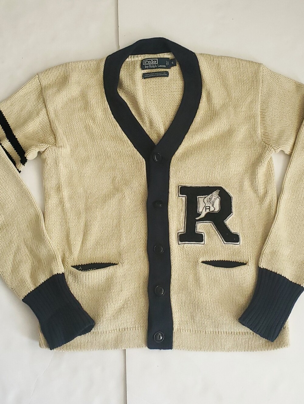 POLO RALPH LAUREN R WING LINEN COTTON KNIT CARDIGAN SIZE Small Vintage 90s Beige